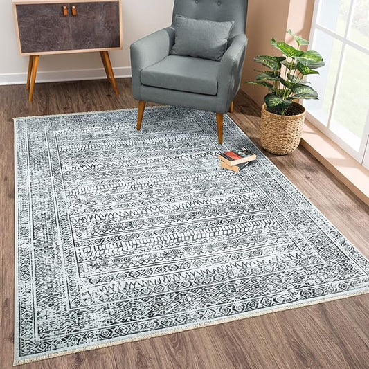 Bloom Rugs Caria Washable Non-Slip 3x5 Rug - Ivory/Black Geometric Area Rug for Living Room, Bedroom, Dining Room, and Kitchen - Exact Size: 3' x 5'