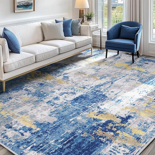 Washable Area Rugs 5'x7' Non-Slip Modern Abstract Soft for Living Room Entryway Bedroom Nursery, Print Pattern, Grey Blue Gold/Golden
