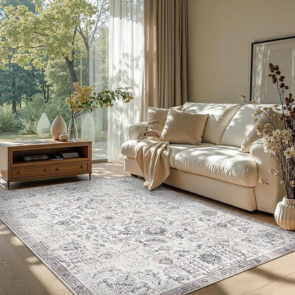 jinchan Kalen Area Rug 5x7 Washable Living Room Rug Vintage Indoor Floor Cover Retro Accent Mat Distressed Gray Floral Country Boho Non Slip Thin Carpet for Bedroom Kitchen Dining Room Office Grey