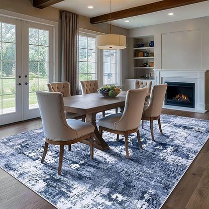 Area Rug Living Room Rugs - 10x14 Washable Large Soft Indoor Neutral Modern Abstract Low Pile Rug Carpet for Bedroom Dining Room Farmhouse Home Office - Navy Blue