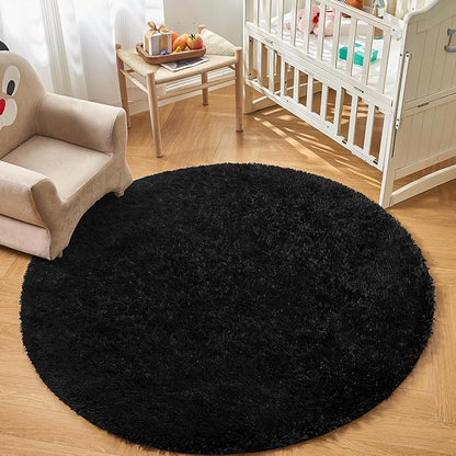 Andency Black Round Area Rug 5x5 for Bedroom, Fluffy Shag Circle Rug for Room, Faux Fur Carpet for Home Decor, Fuzzy Plush Circular Rug for Living Room, Playroom