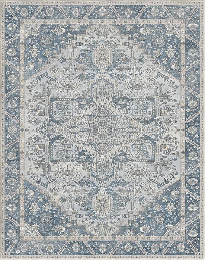 8x10 Area Rug Machine Washable Boho Rug for Living Room,Ultra-Thin Low Pile Carpet,Lightweight Indoor Printed Rug,Non Slip Floral Area Rug for Bedroom, Dining Room, Home Office,Light Blue