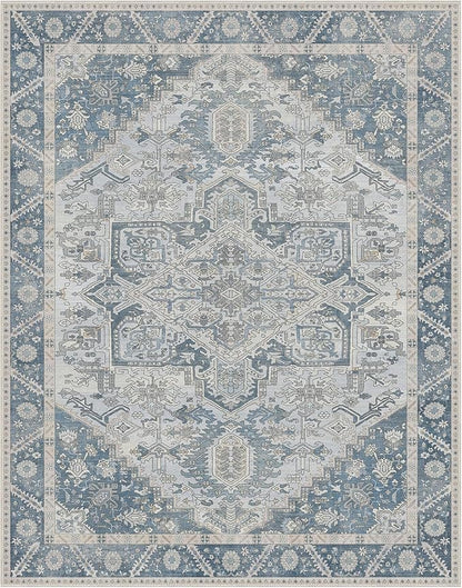 8x10 Area Rug Machine Washable Boho Rug for Living Room,Ultra-Thin Low Pile Carpet,Lightweight Indoor Printed Rug,Non Slip Floral Area Rug for Bedroom, Dining Room, Home Office,Light Blue