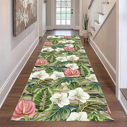 Runner Rug 4x12ft Non-Slip - Tropical Floral Watercolor Boho with Orchids & Leaves - Washable Entryway Carpet for Hallway, Bedroom, Dining Room - Green Pink Design