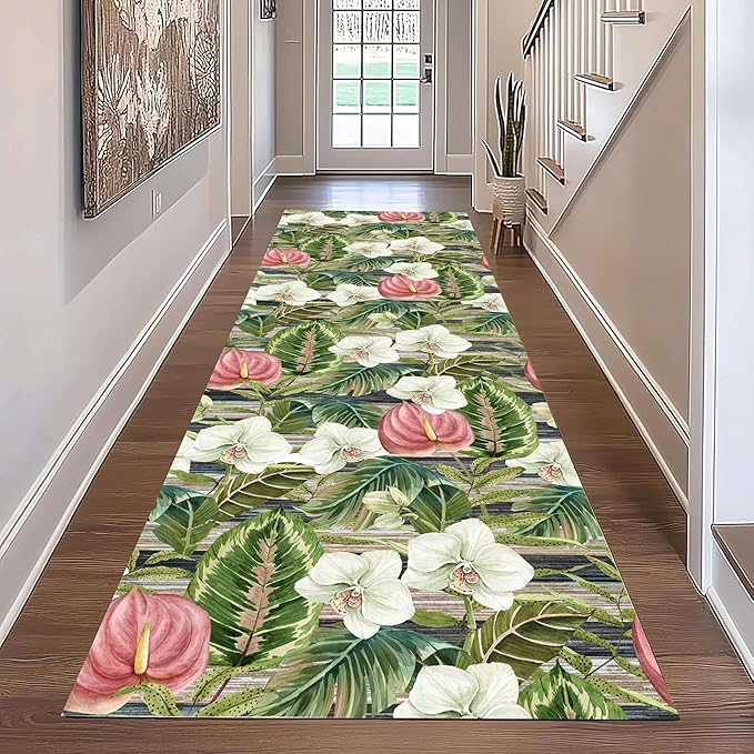 Runner Rug 2x8ft Non-Slip - Tropical Floral Watercolor Boho with Orchids & Leaves - Washable Entryway Carpet for Hallway, Bedroom, Dining Room - Green Pink Design