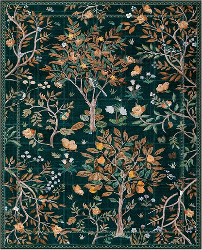 Morebes Boho Living Room Rug 8x10, Washable Kids Playroom Area Rug Non Slip, Soft Large Botanical Flower Indoor Floor Throw Carpet for Bedroom Nursery Dining Room, Dark Green