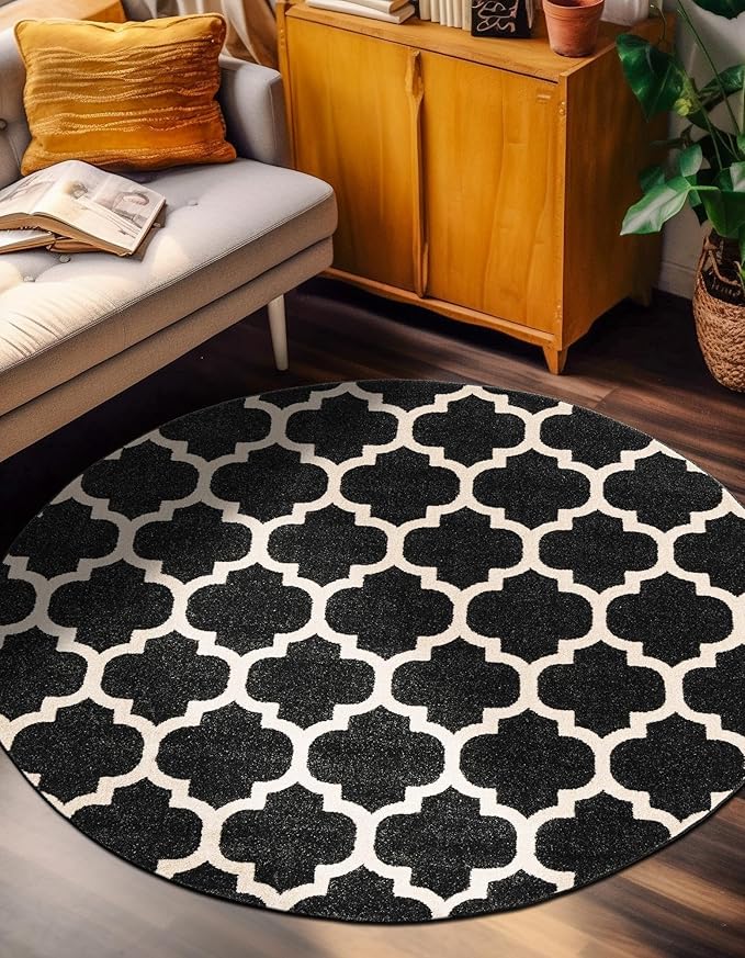 Rugs.com Lattice Collection Rug – 12 Ft Round Black Medium-Pile Rug Perfect for Kitchens, Dining Rooms