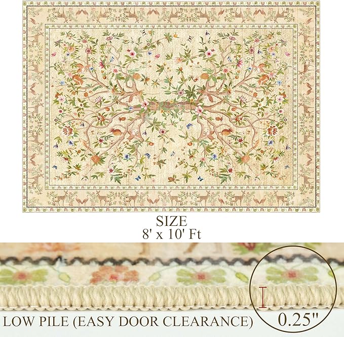 8x10 Area Rugs for Living Room, Machine Washable Non-Slip Carpet, Boho Floral Low Pile Throw Rugs for Bedroom, Dining Room, Office, Nursery, Vintage Home Decor（Beige）
