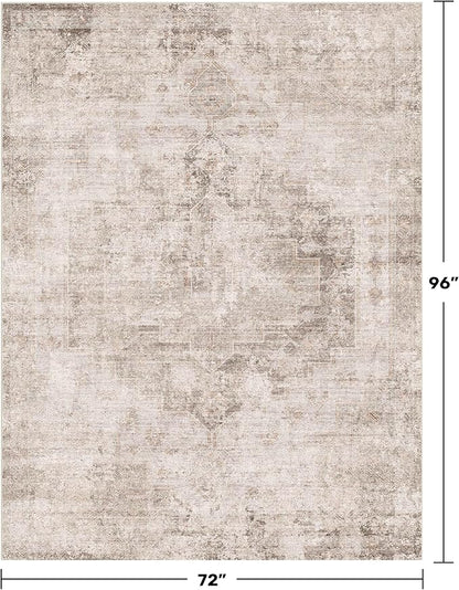Neutral Farmhouse Area Rug for Bedroom - 6x8 Washable Rug for Dining Room Table, Ultra-Thin Soft Textured Boho Indoor Decor, Fade & Stain Resistant