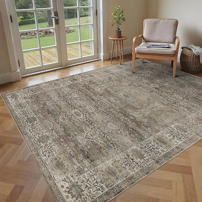 4x6 Washable Rug for Living Room Bedroom Dining Room Non-Slip Low Pile Vintage Distressed Entryway Rug Traditional Floral Retro Accent Throw Carpet for Dining Room Bathroom Kitchen Antique/Moss