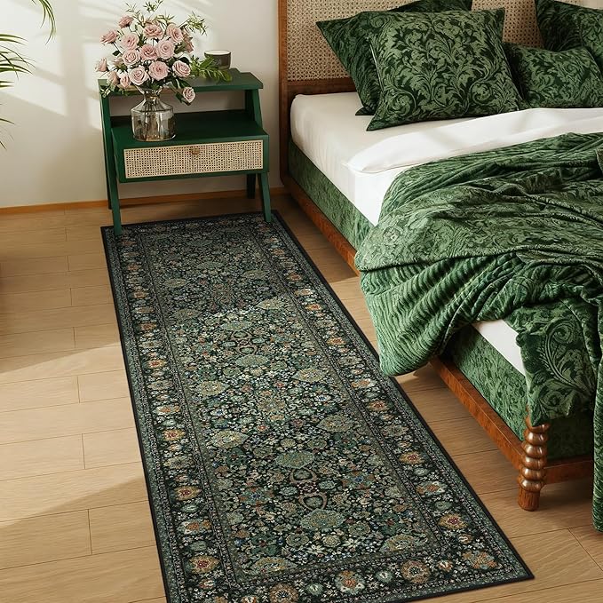 Runner Rugs 2x7 Boho Washable Area Rugs for Entryway Bathroom Kitchen, Long Rugs for Hallway Soft Low Pile Non-Slip Rubber Backing Oriental Dark Green