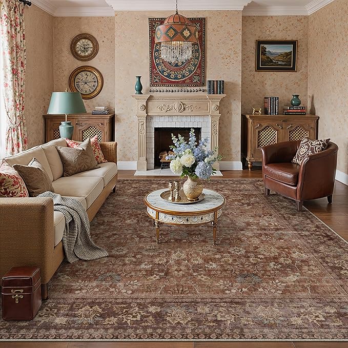 HUGEAR 8x10 Machine Washable Rugs Brick Red Hallway Large Area Rug Indoor Accent Rug Floral Low Pile Carpet Soft Throw Aesthetic Rug Bedroom Living Room Office Dining Room Kitchen Laundry Room