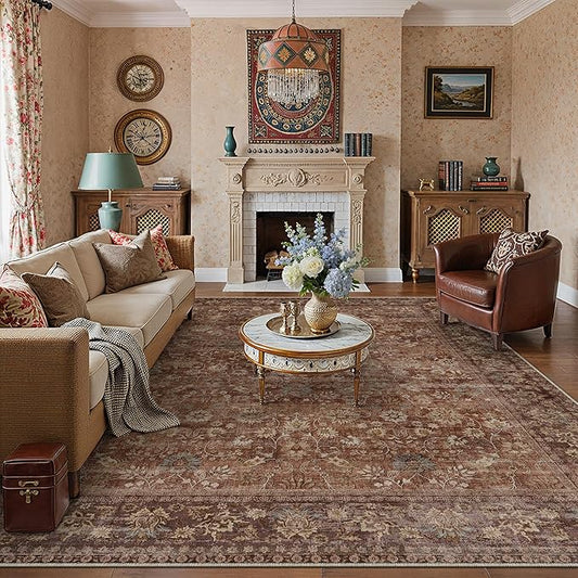 HUGEAR 8x10 Machine Washable Rugs Brick Red Hallway Large Area Rug Indoor Accent Rug Floral Low Pile Carpet Soft Throw Aesthetic Rug Bedroom Living Room Office Dining Room Kitchen Laundry Room