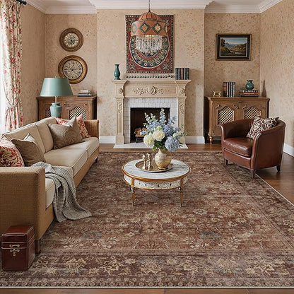 HUGEAR 10x14 Machine Washable Rugs Brick Red Hallway Large Area Rug Indoor Accent Rug Floral Low Pile Carpet Soft Throw Aesthetic Rug Bedroom Living Room Office Dining Room Kitchen Laundry Room