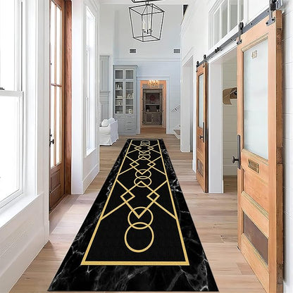 Luxury Gold Stamped Texture Hallway Runner Rug for Walkway, 2x8ft, Abstract Black Marble Background Entrance Carpets, Minimalist Geometric Decoration Absorbent Mat for Floor Office