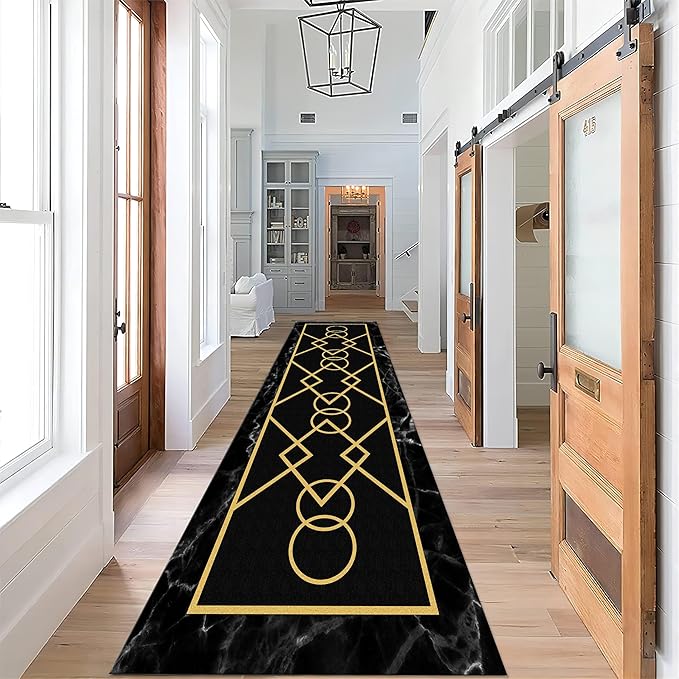 Luxury Gold Stamped Texture Hallway Runner Rug for Walkway, 4x12ft, Abstract Black Marble Background Entrance Carpets, Minimalist Geometric Decoration Absorbent Mat for Floor Office