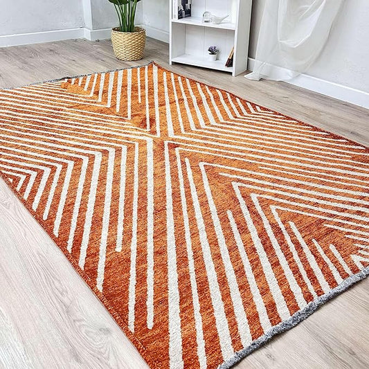 Alfa Rich 3x5 Geometric Burnt Orange Off White Washable Area Rugs for Living Room Bedroom Runner