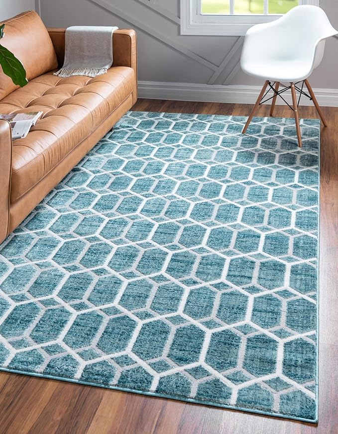 Rugs.com Lattice Trellis Collection Rug – 9' x 12' Blue Low-Pile Rug Perfect for Living Rooms, Large Dining Rooms, Open Floorplans
