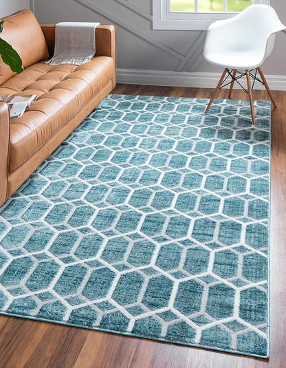 Rugs.com Lattice Trellis Collection Rug – 9' x 12' Blue Low-Pile Rug Perfect for Living Rooms, Large Dining Rooms, Open Floorplans