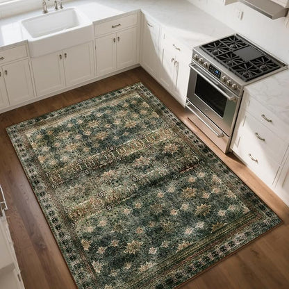 Large 8x10 Washable Area Rug for Living Room, No Shedding Vintage Floral Print Rugs Non Slip, Indoor Thin Retro Accent Carpet for Bedroom Farmhouse Dining Room(Dark Green/Brown/Multi)