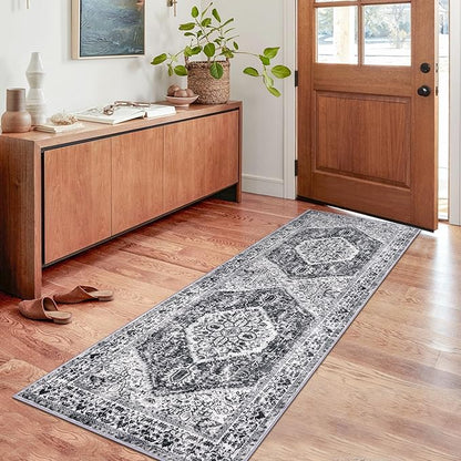 KOZYFLY Runners for Hallways 2x6 Ft Washable Kitchen Runner Rug Non Slip Runners for Entryway Indoor Printed Faux Wool Hallway Rugs Floor Carpet for Bedroom Kitchen Hall, Grey