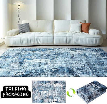 Rugcomf 6x9 Washable Bedroom Boho Rug - Soft, Non-Slip, Non-Shedding Faux Wool Vintage Pattern for Living Room, Farmhouse, Dining Room, Kids Playroom - Blue