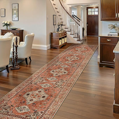 Tangsoo Boho Hallway Runner Rug 2.6x12 Washable Runner Rug for Hallways, Non Slip Vintage Soft Low Pile Long Rug Runner, Oriental Terracotta Carpet Runners for Kitchen Bedroom Entryway Living Room