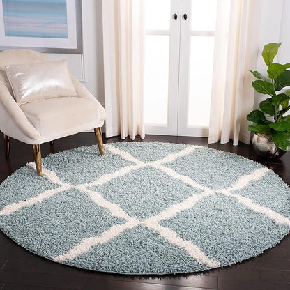 SAFAVIEH Dallas Shag Collection Area Rug - 8' Round, Seafoam & Ivory, Trellis Design, Non-Shedding & Easy Care, 1.5-inch Thick Ideal for High Traffic Areas in Living Room, Bedroom (SGD257C)