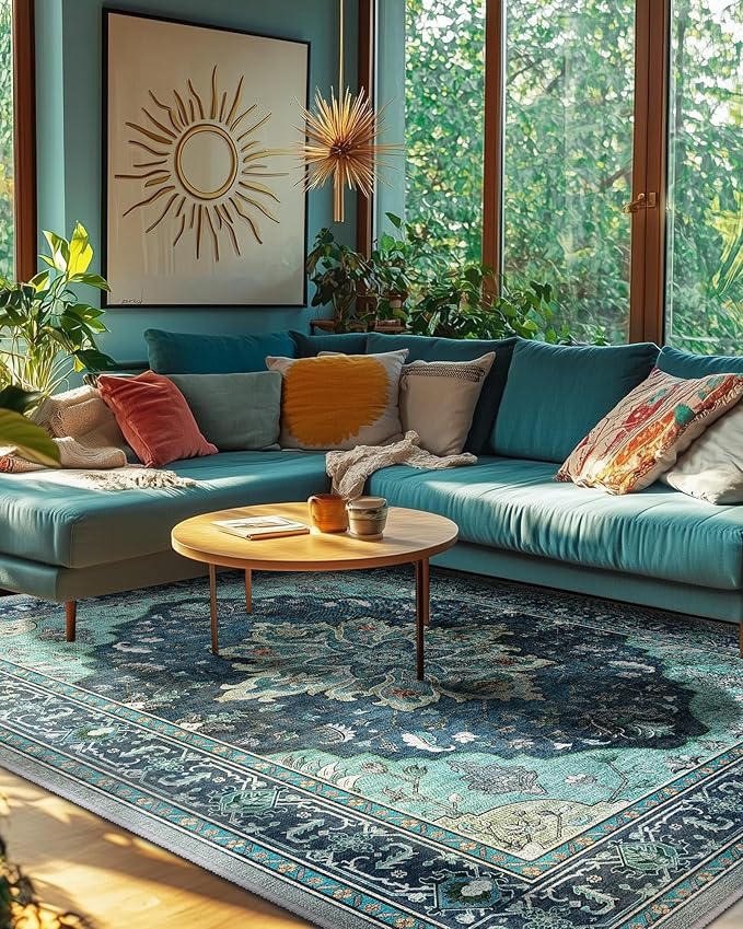 Area Rugs Square 8ft Washable Non-Slip, Floral Vintage Distress Print Pattern Medallion Carpet for Living Room Bedroom Dining Room, Teal Green Lake Blue Turquoise