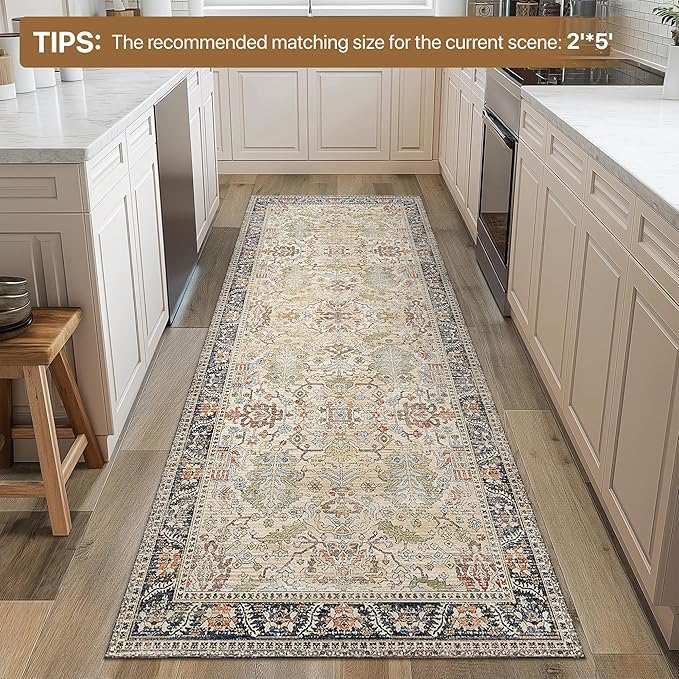 Bavni Bedroom Rug Runners for Hallways, Washable Runner Rug 2x10, Low Pile Non-Slip Indoor Throw Carpet for Bedroom Laundry Room, Ivory/Teal