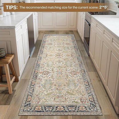 Bavni Bedroom Rug Runners for Hallways, Washable Runner Rug 2x10, Low Pile Non-Slip Indoor Throw Carpet for Bedroom Laundry Room, Ivory/Teal