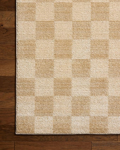 Loloi Chris Loves Julia Calvin Collection CLV-01 Wheat/Ivory 7'-10" x 7'-10" Round Area Rug Checkered Neutral Soft Living Room Bedroom Carpet