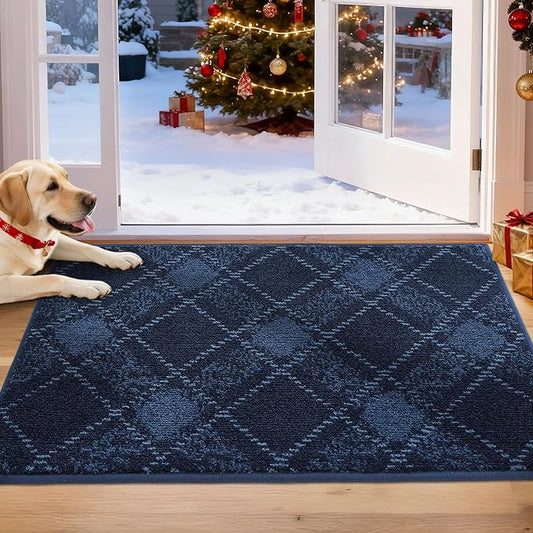 COSY HOMEER Plaid Door Mat 20" x 32",Dirt Trapper Entryway Rugs,Non-Slip Washable Farmhouse Doormat,Low Profile Welcome Mats for Paws Navy Blue