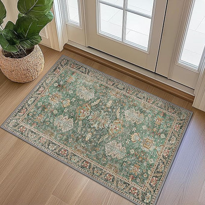 Bavni Entryway Rug, 2x3 Washable Rug Ultra-Thin Low Pile, Non-Slip Small Rugs Indoor for Front Door Entrance Bathroom, Vintage Print Carpet Soft Stain Resistance, Sage/Gold