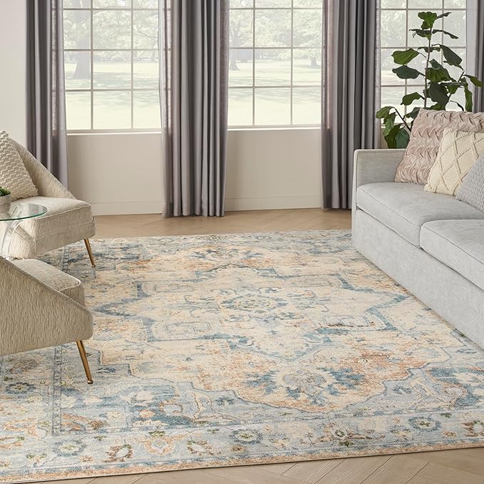 Nourison Home Astra Machine Washable Beige Blue 6'7" x 9' Area Rug - Easy Clean, Non Shedding, Bed Room, Living Room, Dining Room, Kitchen (7' x 9')