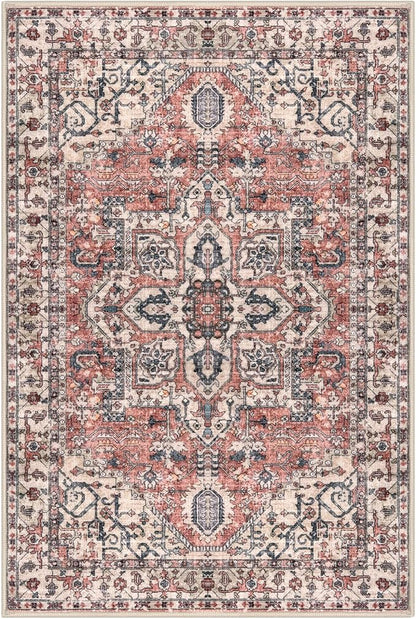 KOZYFLY Area Rug 8x10 Ft Thin Rugs for Living Room Washable Bedroom Rug Non Slip Rugs for Living Room Printed Faux Wool Vintage Bedroom Rug Floor Carpet for Dining Room, Terracotta/Beige