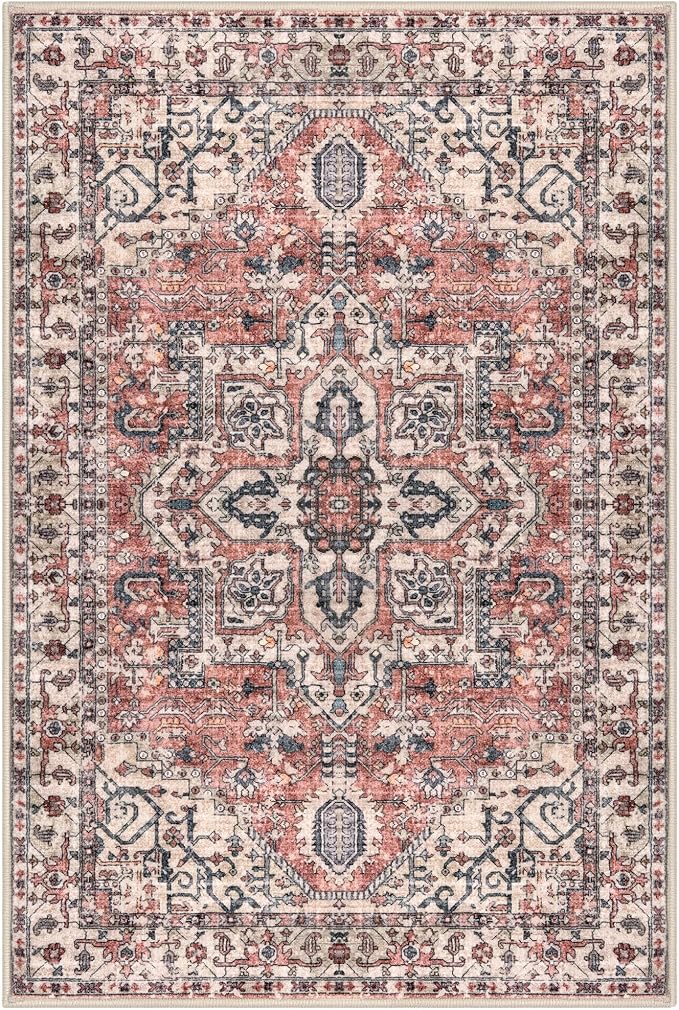 KOZYFLY Boho Area Rug 5x7 Ft Thin Washable Rugs for Living Room Faux Wool Throw Carpet Printed Non Slip Rug for Entryway Bedroom Dining Room Living Space, Terracotta/Beige