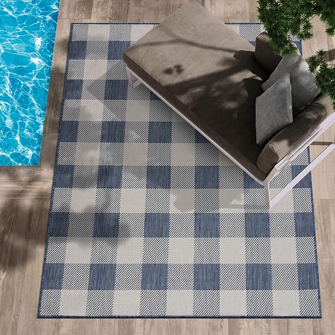 CAMILSON Outdoor Rug - Modern Area Rugs for Indoor and Outdoor Patios, Kitchen and Hallway mats - Easy Cleaning Non Shedding Washable Outside Carpet (6x9, Buffalo - Blue/White)