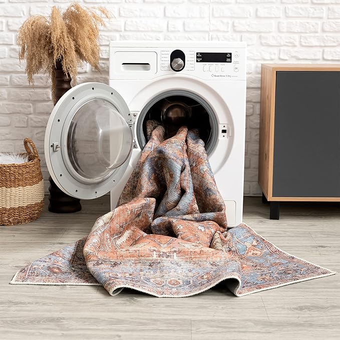 Bloom Rugs Washable 6' x 9' Rug - Terracotta/Blue Traditional Area Rug for Living Room, Bedroom, Dining Room, and Kitchen - Exact Size: 6' x 9'