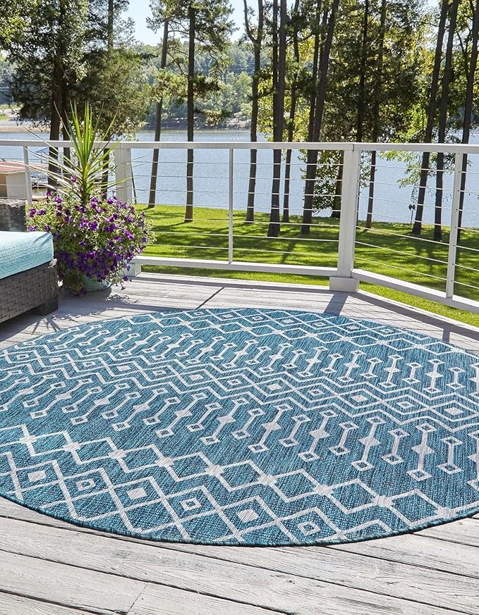 Unique Loom Outdoor Trellis Collection Area Rug - Tribal Trellis (7' 10" Round, Teal/ Ivory)