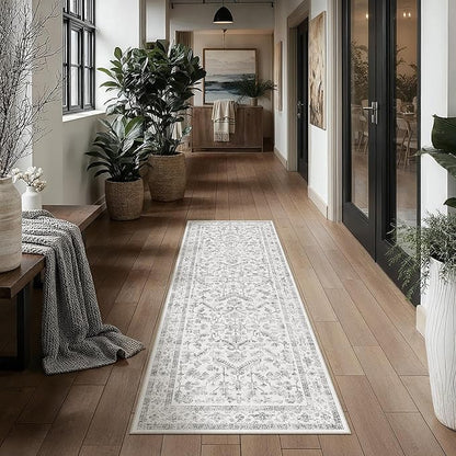 Grey 2x7 Runner Rug Vintage Area Carpet Hallway Indoor Kitchen Washable Neutral Low Pile Traditional Distressed Gray Retro Accent Throw Rug Non Slip for Laundry Bathroom Office