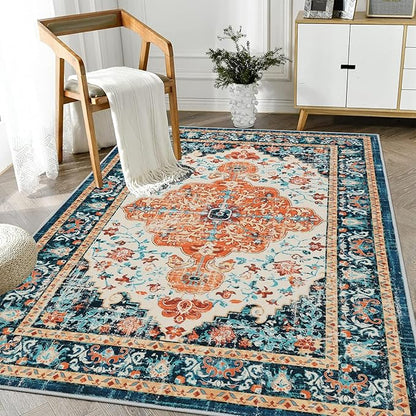 U'Artlines Boho Vintage Area Rug 3x5 Machine Washable Low Pile Soft Floor Carpet Non Slip Non Shedding Accent Rug for Living Room Bedroom Entryway Dining Room Office Orange/Multi