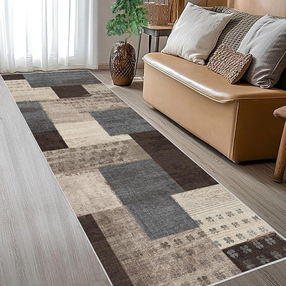 Modern Geometric Patchwork Indoor Runner Rug for Living Room, Blue-Taupe 2.7'x 8' Rug Rockwood Collection Hardwood Floors Decor for Bedroom, Blue Throw Carpet for Office Entryway Dining Room