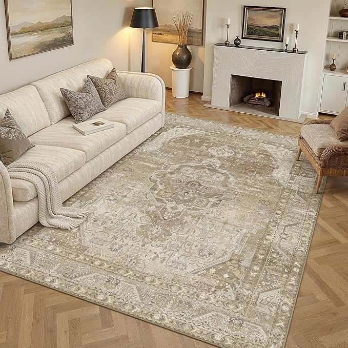 9x12 Washable Vintage Area Rug for Living Room Bedroom Non Slip Distressed Traditional Soft Large Throw Rug Beige Brown Low Pile Lightweight Floral Carpet Classroom Office Home Decor