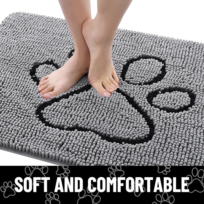 Smiry Dog Door Mat for Muddy Paws, Absorbent Dirt Trapper Non Slip Quick Dry Washable Chenille Mat for Mud Dogs, Entry Rug for Indoor and Outdoor (34x21 Inches, Grey and Black)