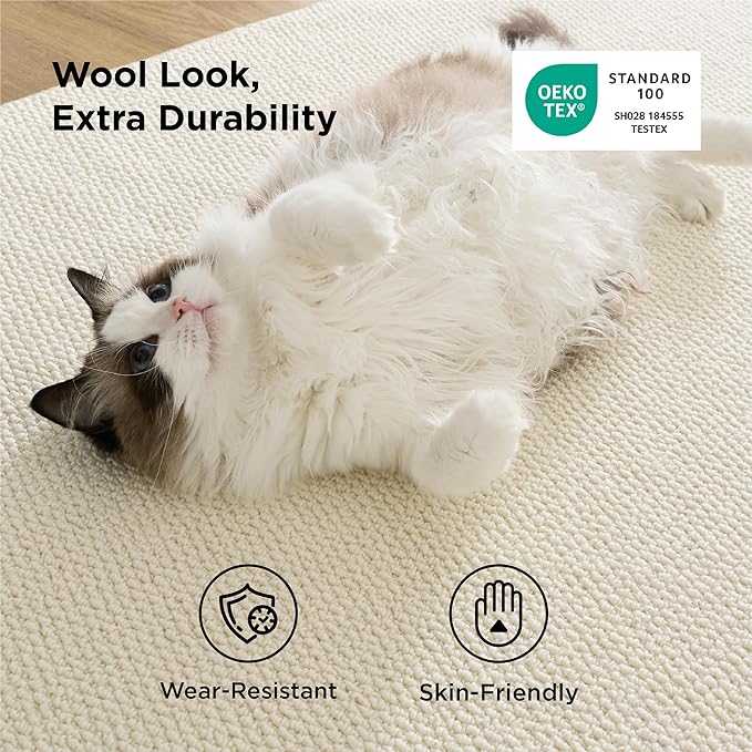 Bedsure 9x12 Faux Wool Area Rugs for Living Room, Machine Washable Carpet, Non-Slip Backing, Pet Friendly Throw Rug for Bedroom Dining Room, Linen