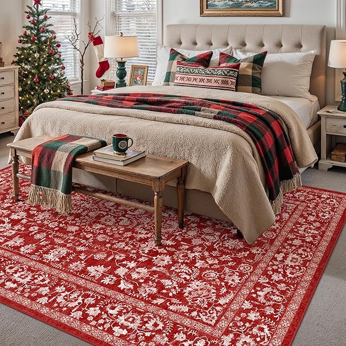 Christmas Area Rug 5x7 Red Washable Living Room Carpet Retro Distressed Floral Holiday Decor Rug Non Slip Soft Decorative Xmas Doormat for Bedroom Office Dining Room Bathroom Kitchen