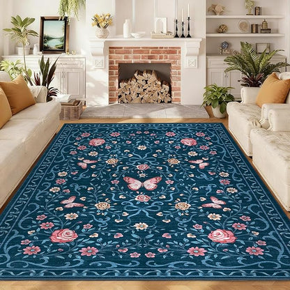 GarveeHome 8x10 Area Rugs for Living Room Washable Rugs Non Slip Stain Resistant Bedroom Floral Rugs Low Pile Soft Dining Room Throw Carpet Blue Bow Large Carpet for Home Office Decor, 8x10
