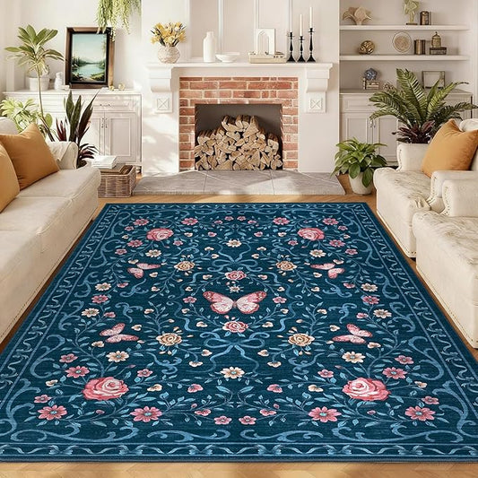 GarveeHome 8x10 Area Rugs for Living Room Washable Rugs Non Slip Stain Resistant Bedroom Floral Rugs Low Pile Soft Dining Room Throw Carpet Blue Bow Large Carpet for Home Office Decor, 8x10