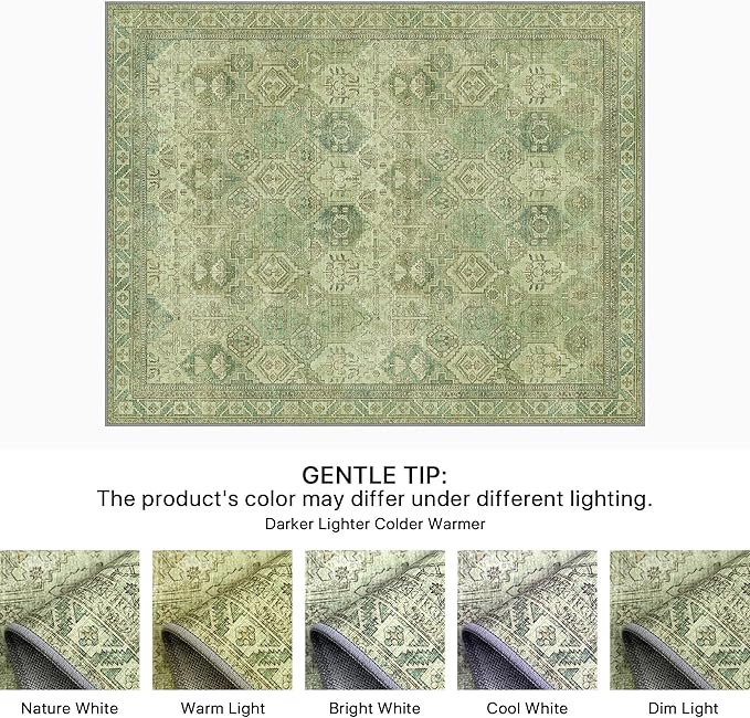Bavni Washable Rug 9x12 Area Rug for Living Room Bedroom Dining, Washable Vintage Print Carpet, Ultra-Thin Chenille Low Pile Lightweight Rug with Non Slip Backing, Light Green
